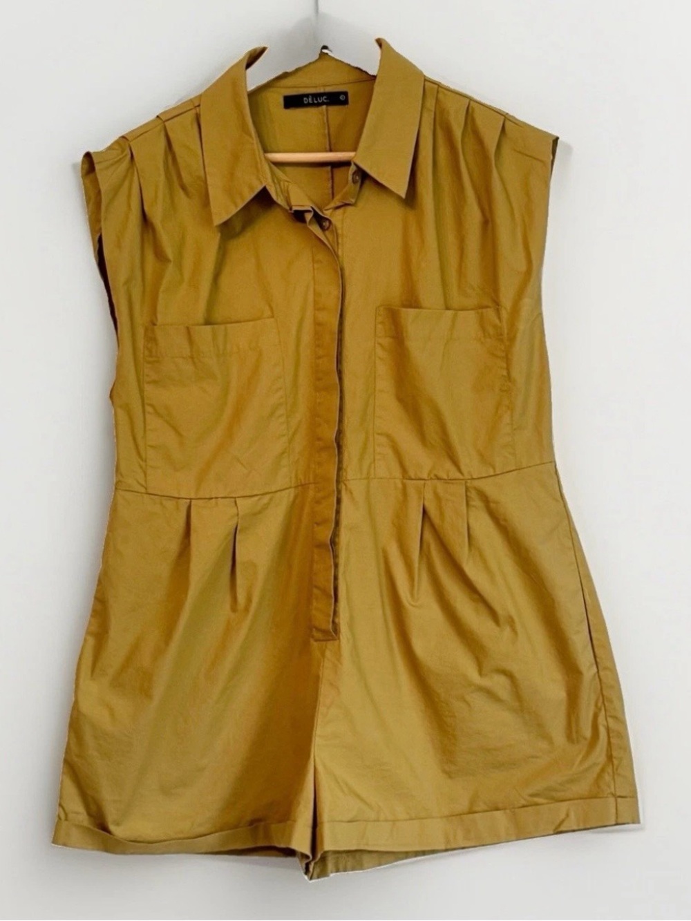 Deluc Sleeveless Cotton Utility Romper Tan-Khaki Size Large Pleated Shoulders